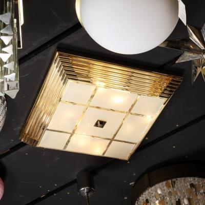 Mid Century Modernist Brass Frosted Glass Rod Square Flush Mount