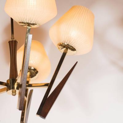 Mid Century Modernist Chandelier in Ebonized Walnut Brass and Textured Glass