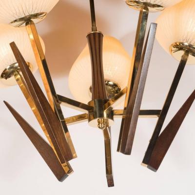 Mid Century Modernist Chandelier in Ebonized Walnut Brass and Textured Glass