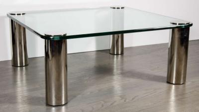 Mid Century Modernist Cocktail Table with Cylindrical Brushed Nickel Legs