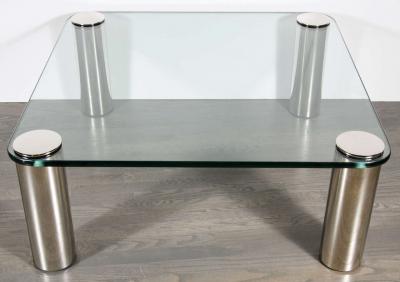 Mid Century Modernist Cocktail Table with Cylindrical Brushed Nickel Legs