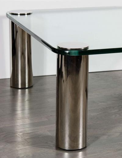 Mid Century Modernist Cocktail Table with Cylindrical Brushed Nickel Legs