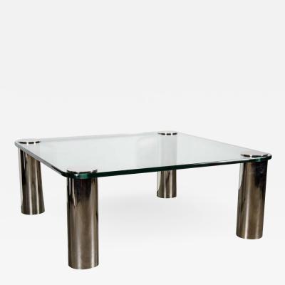 Mid Century Modernist Cocktail Table with Cylindrical Brushed Nickel Legs