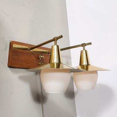 Mid Century Modernist Dual Head Brass Frosted Glass Sconce on Teakwood