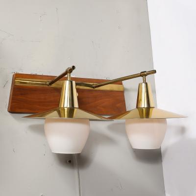 Mid Century Modernist Dual Head Brass Frosted Glass Sconce on Teakwood