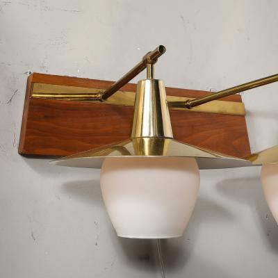 Mid Century Modernist Dual Head Brass Frosted Glass Sconce on Teakwood