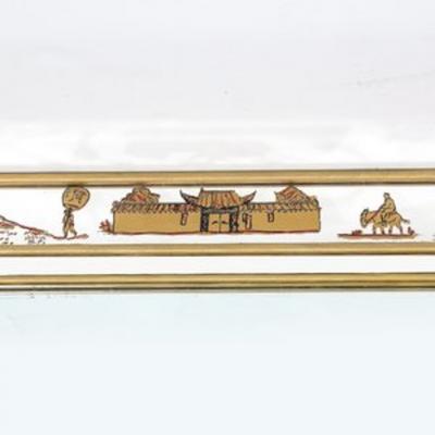 Mid Century Modernist Eglomise Giltwood Stylized Chinoiserie Bordered Mirror