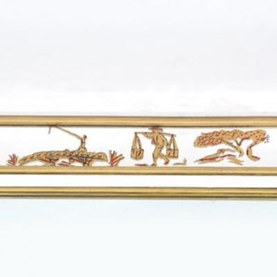 Mid Century Modernist Eglomise Giltwood Stylized Chinoiserie Bordered Mirror