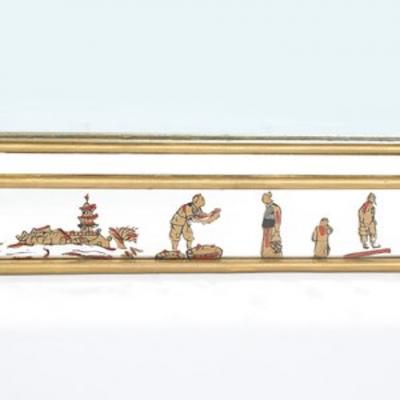 Mid Century Modernist Eglomise Giltwood Stylized Chinoiserie Bordered Mirror