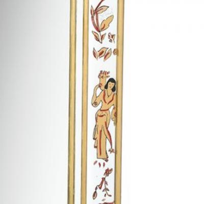 Mid Century Modernist Eglomise Giltwood Stylized Chinoiserie Bordered Mirror