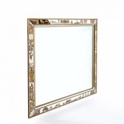 Mid Century Modernist Eglomise Giltwood Stylized Chinoiserie Bordered Mirror
