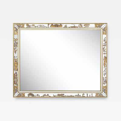 Mid Century Modernist Eglomise Giltwood Stylized Chinoiserie Bordered Mirror