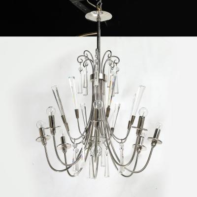 Mid Century Modernist Eight Arm Chandelier in Cut Crystal Polished Nickel