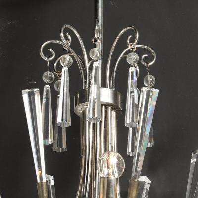 Mid Century Modernist Eight Arm Chandelier in Cut Crystal Polished Nickel