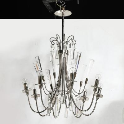Mid Century Modernist Eight Arm Chandelier in Cut Crystal Polished Nickel