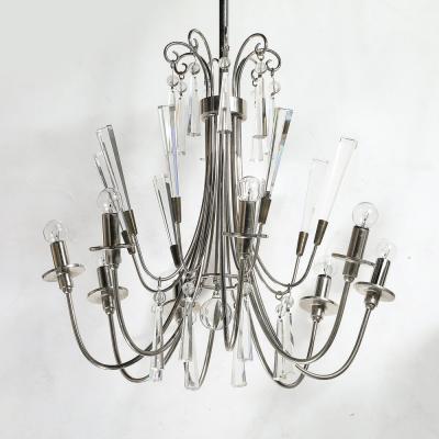 Mid Century Modernist Eight Arm Chandelier in Cut Crystal Polished Nickel