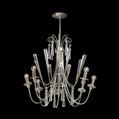 Mid Century Modernist Eight Arm Chandelier in Cut Crystal Polished Nickel