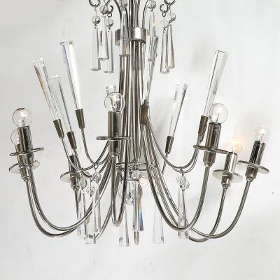 Mid Century Modernist Eight Arm Chandelier in Cut Crystal Polished Nickel