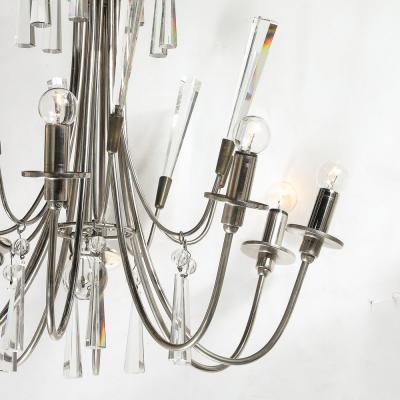 Mid Century Modernist Eight Arm Chandelier in Cut Crystal Polished Nickel