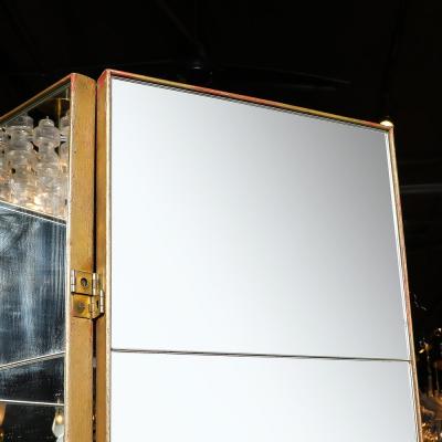 Mid Century Modernist Four Panel Mirror Screen w Antique Gilt Wood Detailing