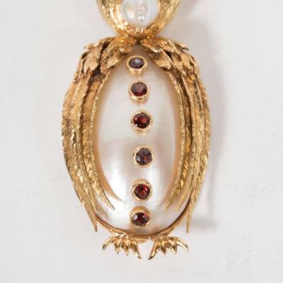 Mid Century Modernist Freshwater Pearl Garnet Gold Owl