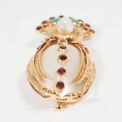 Mid Century Modernist Freshwater Pearl Garnet Gold Owl