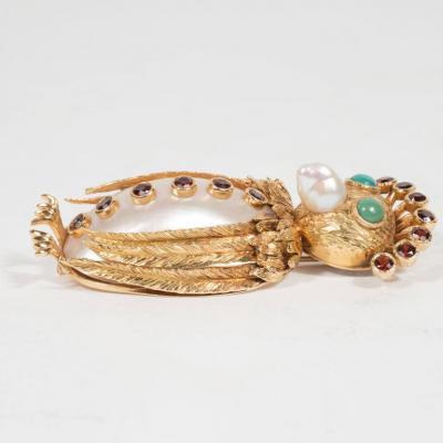 Mid Century Modernist Freshwater Pearl Garnet Gold Owl