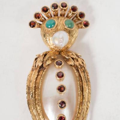Mid Century Modernist Freshwater Pearl Garnet Gold Owl