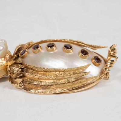 Mid Century Modernist Freshwater Pearl Garnet Gold Owl