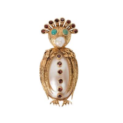 Mid Century Modernist Freshwater Pearl Garnet Gold Owl