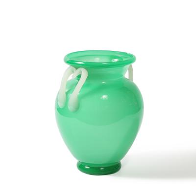 Mid Century Modernist Hand Blown Murano Amphora Glass Vase in Jade White