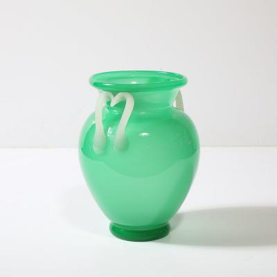 Mid Century Modernist Hand Blown Murano Amphora Glass Vase in Jade White