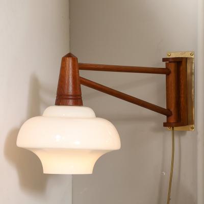 Mid Century Modernist Milk Glass Teak Swing Arm Wall Sconce W Brass Fittings