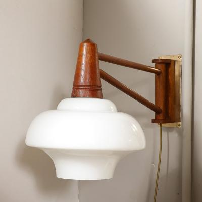Mid Century Modernist Milk Glass Teak Swing Arm Wall Sconce W Brass Fittings