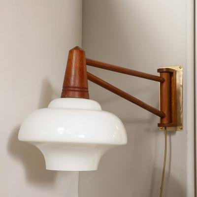 Mid Century Modernist Milk Glass Teak Swing Arm Wall Sconce W Brass Fittings