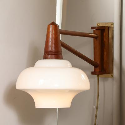 Mid Century Modernist Milk Glass Teak Swing Arm Wall Sconce W Brass Fittings