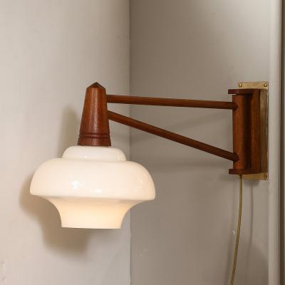 Mid Century Modernist Milk Glass Teak Swing Arm Wall Sconce W Brass Fittings