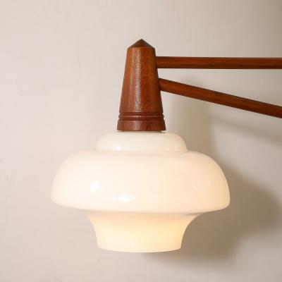 Mid Century Modernist Milk Glass Teak Swing Arm Wall Sconce W Brass Fittings