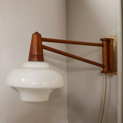 Mid Century Modernist Milk Glass Teak Swing Arm Wall Sconce W Brass Fittings