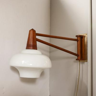 Mid Century Modernist Milk Glass Teak Swing Arm Wall Sconce W Brass Fittings