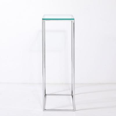 Mid Century Modernist Minimal Rectilinear Chrome Pedestal with Glass Top