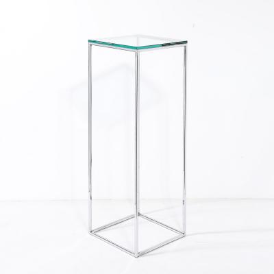 Mid Century Modernist Minimal Rectilinear Chrome Pedestal with Glass Top