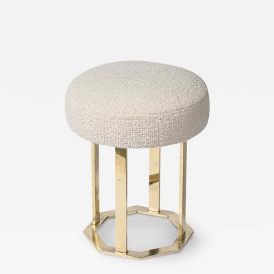 Mid Century Modernist Octagonal Polished Brass Base Stool in Holly Hunt Boucle