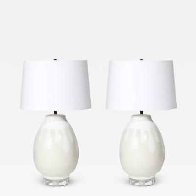 Mid Century Modernist Off White Ceramic Table Lamps with Graphic Splash Motif