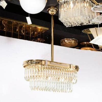 Mid Century Modernist Oval Form Two Tier Brass Nickel Cut Crystal Chandelier