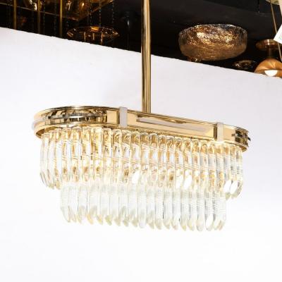 Mid Century Modernist Oval Form Two Tier Brass Nickel Cut Crystal Chandelier