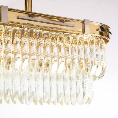 Mid Century Modernist Oval Form Two Tier Brass Nickel Cut Crystal Chandelier
