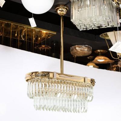 Mid Century Modernist Oval Form Two Tier Brass Nickel Cut Crystal Chandelier