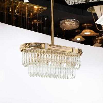 Mid Century Modernist Oval Form Two Tier Brass Nickel Cut Crystal Chandelier