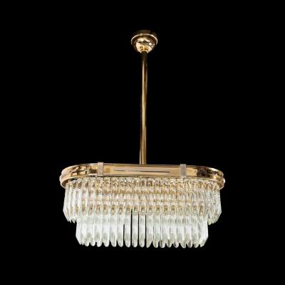 Mid Century Modernist Oval Form Two Tier Brass Nickel Cut Crystal Chandelier